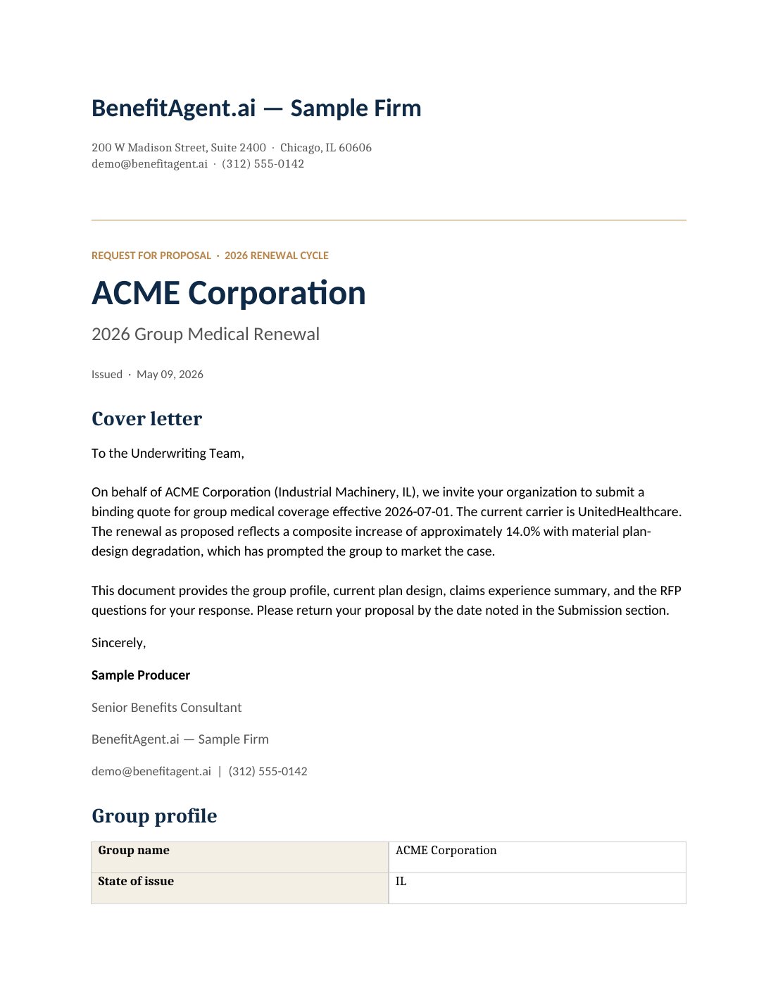 RFP marketing package cover letter and group profile